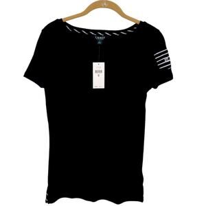 NWT Lauren Ralph Lauren Black Cotton Top White Trim Short Sleeve Size M Preppy